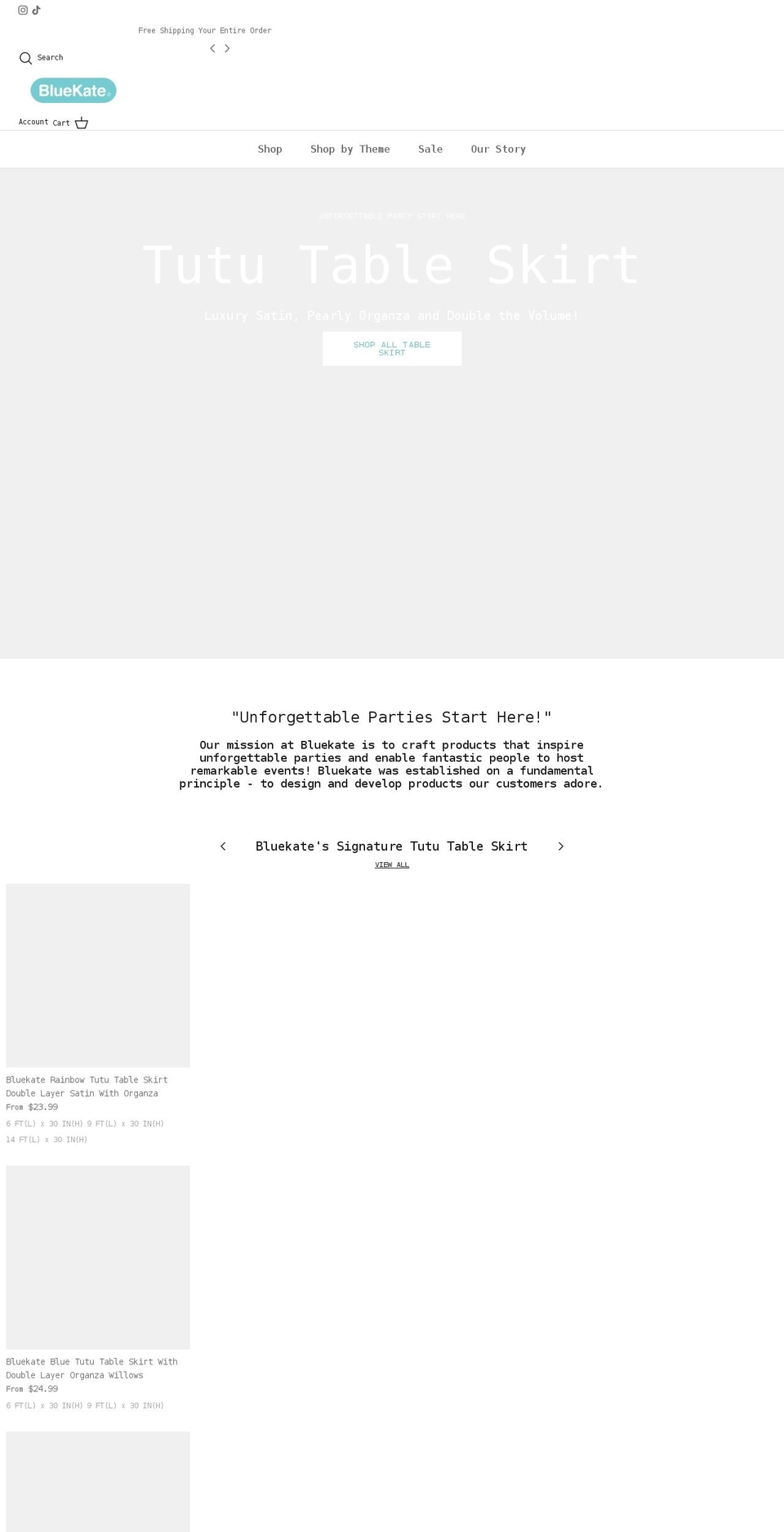 bluekateparty.com shopify website screenshot