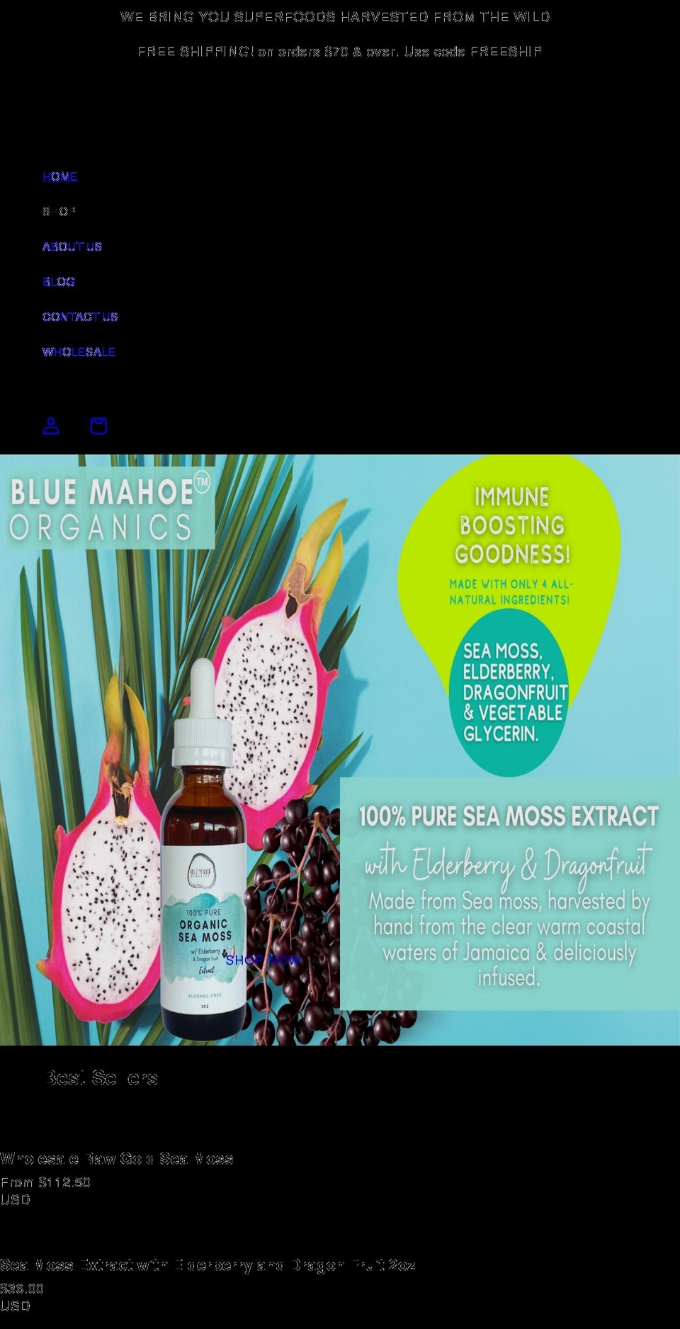 bluemahoeorganics.com shopify website screenshot