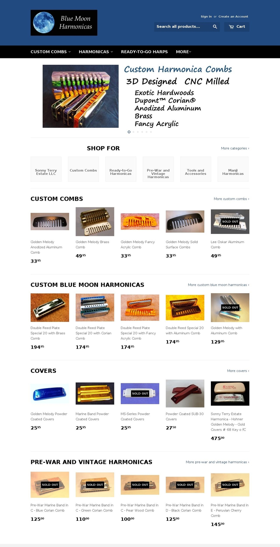 bluemoonharmonicas.com shopify website screenshot