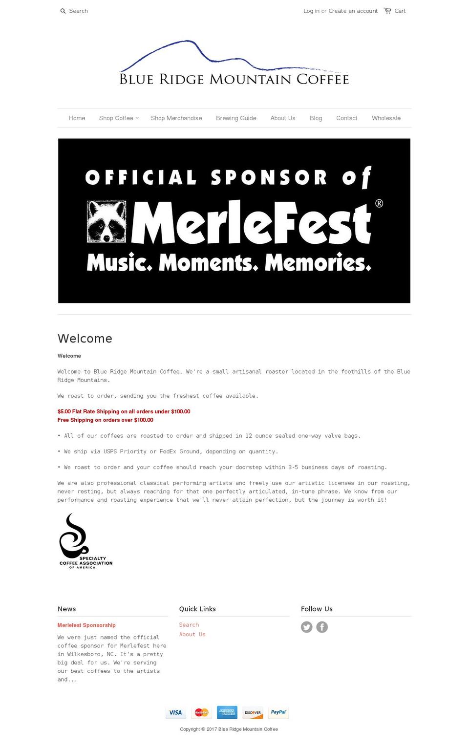 blueridgemountaincoffee.com shopify website screenshot