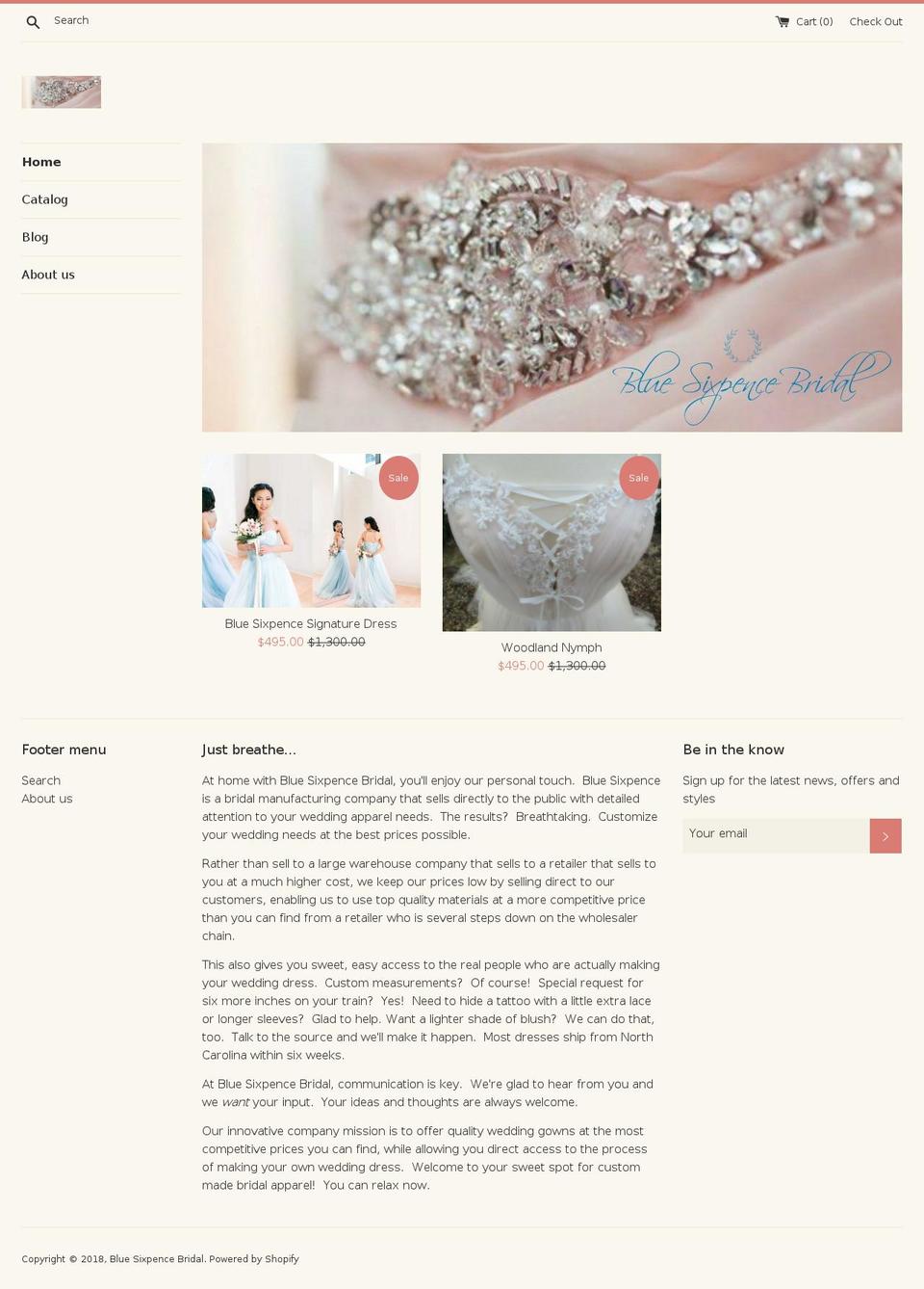 bluesixpencebridal.com shopify website screenshot