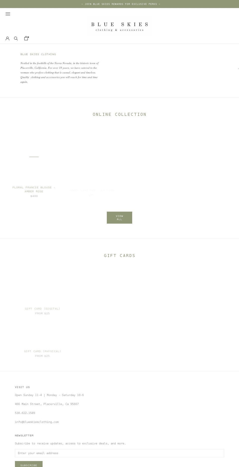 blueskiesclothing.com shopify website screenshot