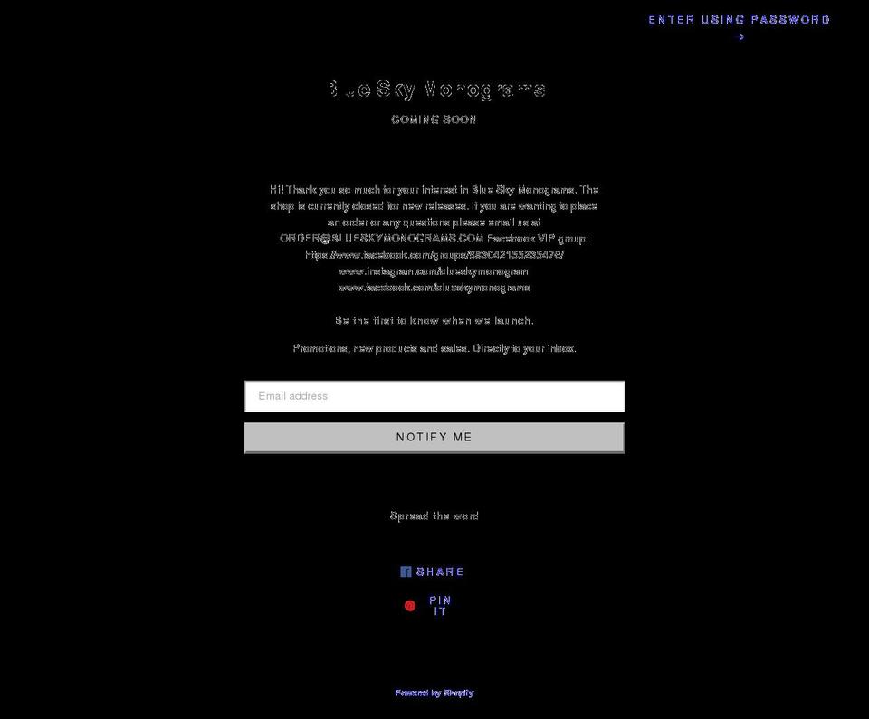 blueskymonograms.com — Shopify storefront screenshot