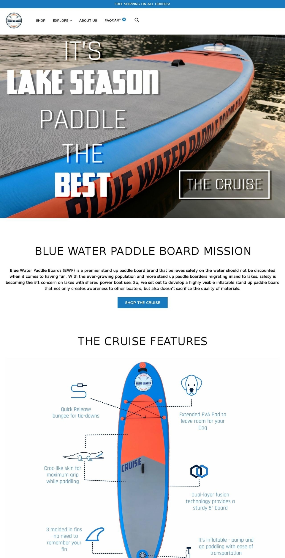 bluewaterpaddleboards.com — Shopify storefront screenshot