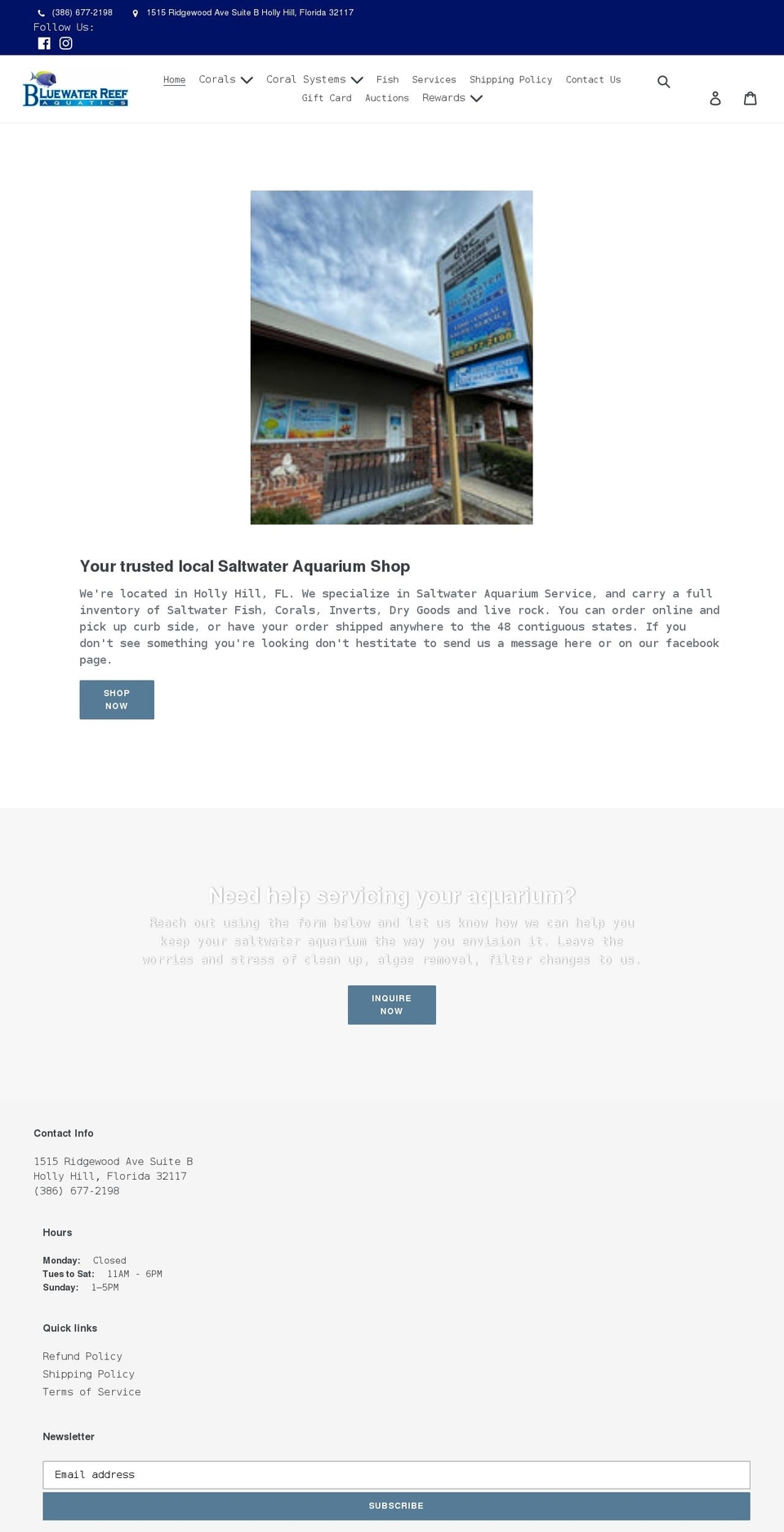 bluewaterreefaquatics.com shopify website screenshot