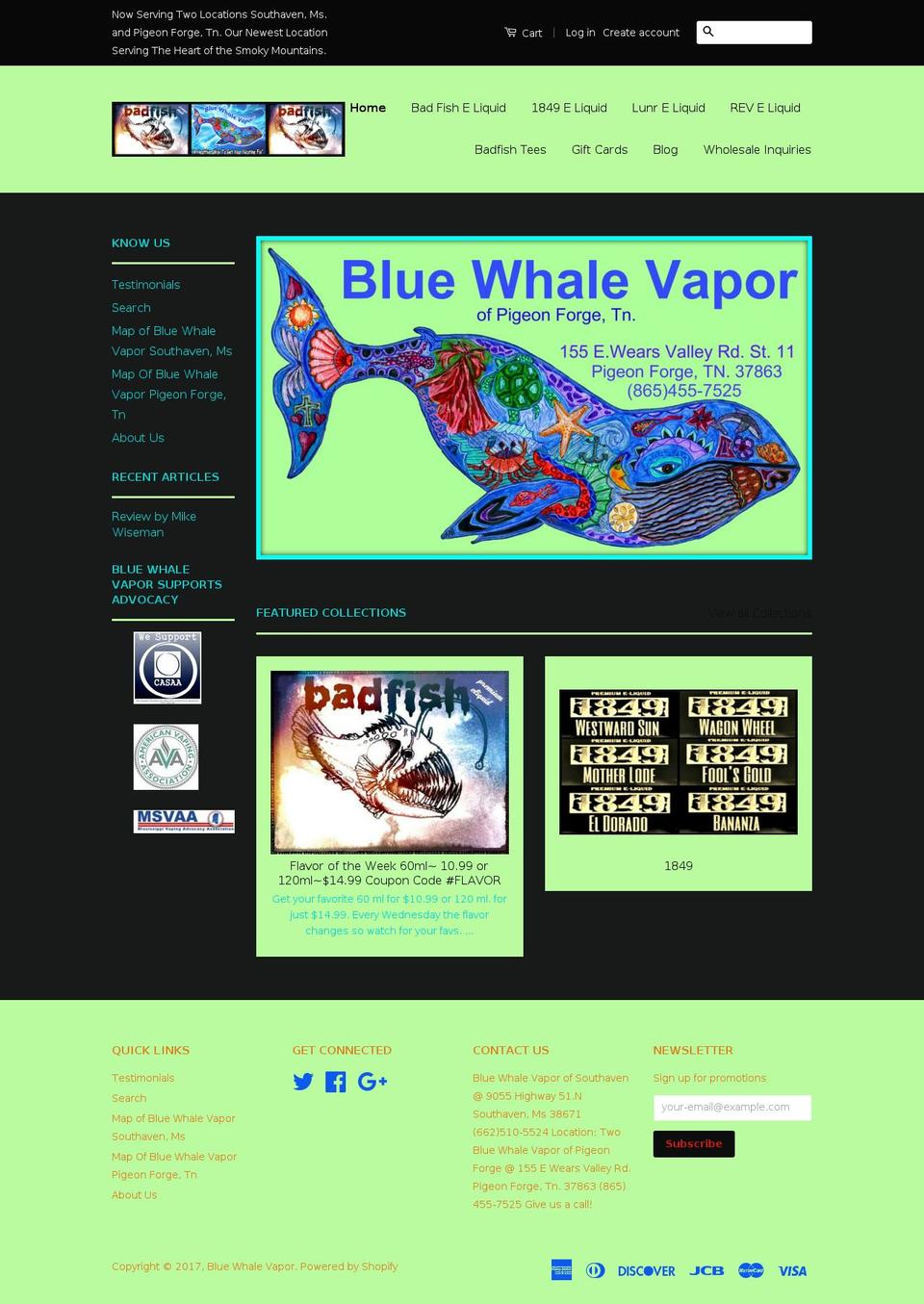 bluewhalevapors.com shopify website screenshot