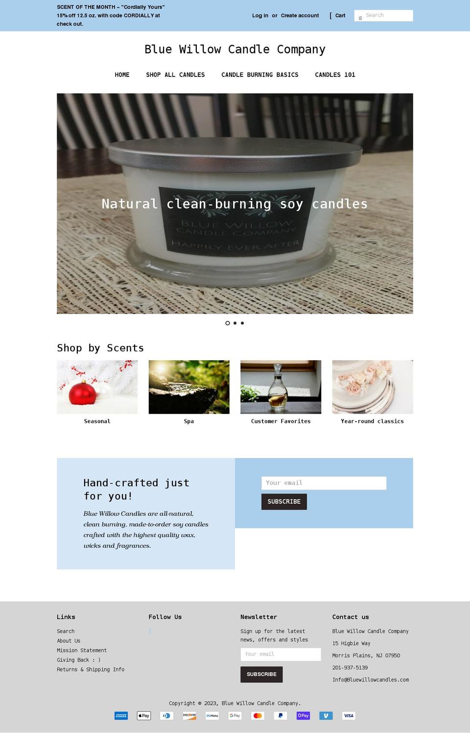 bluewillowcandles.com shopify website screenshot