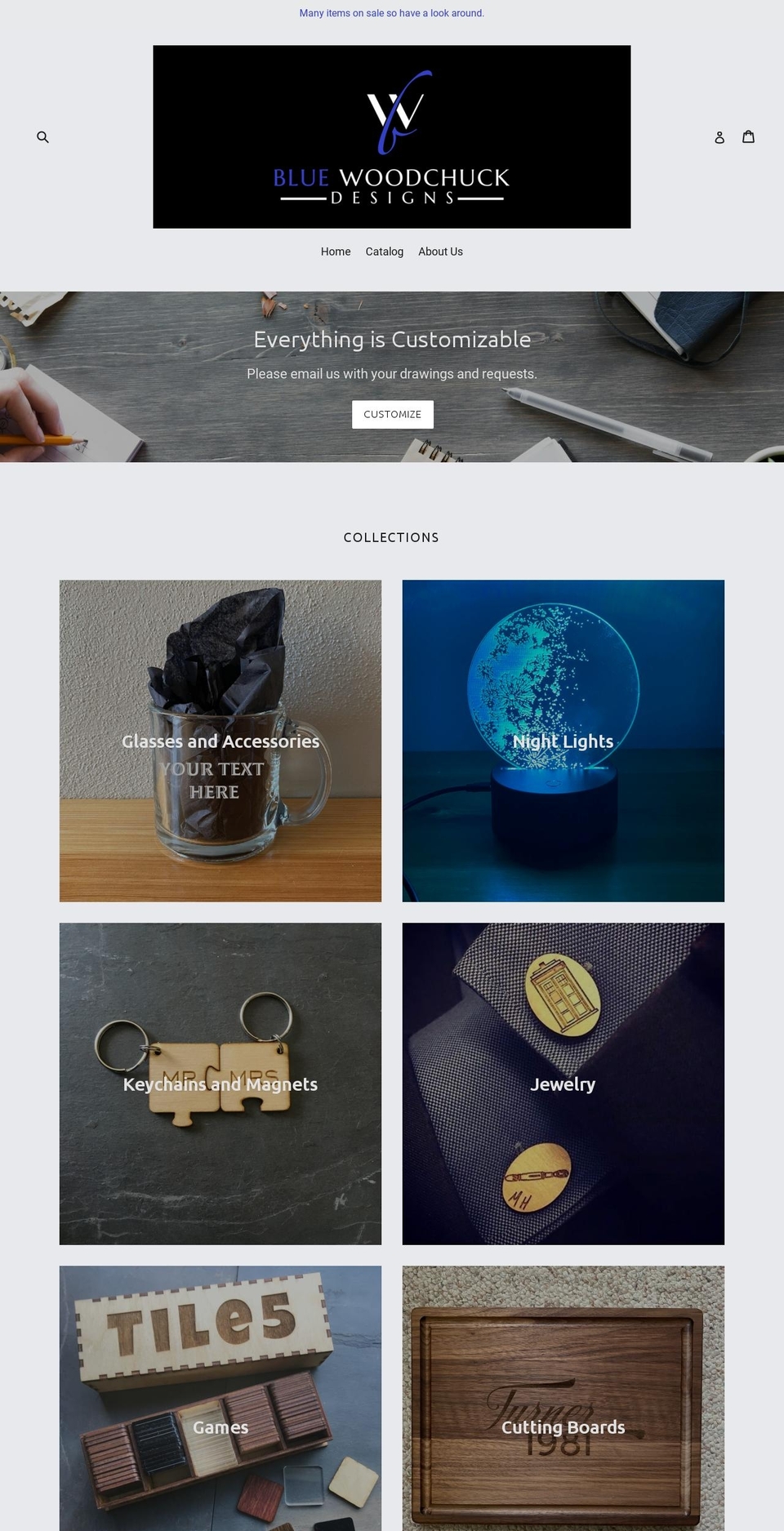bluewoodchuckdesigns.com shopify website screenshot