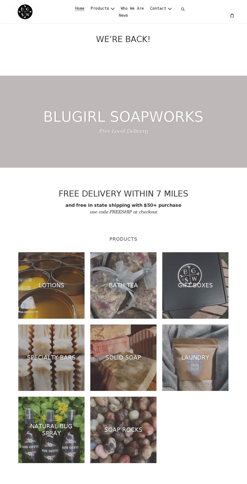 blugirlsoapworks.com shopify website screenshot