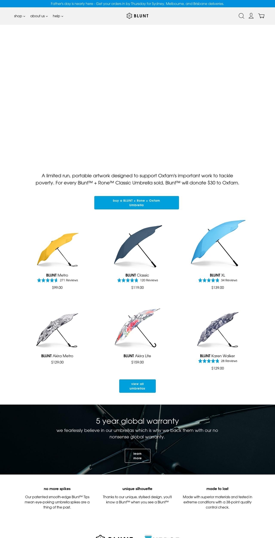bluntumbrellas.com.au shopify website screenshot