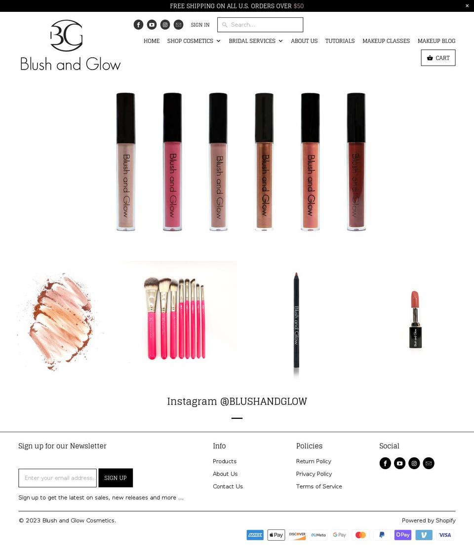 blushandglowcosmetics.com shopify website screenshot
