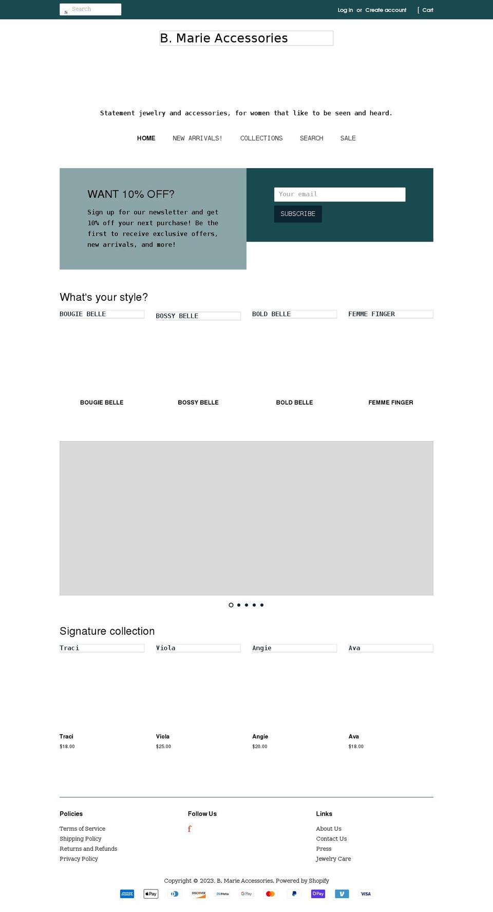 bmarieaccessories.com shopify website screenshot