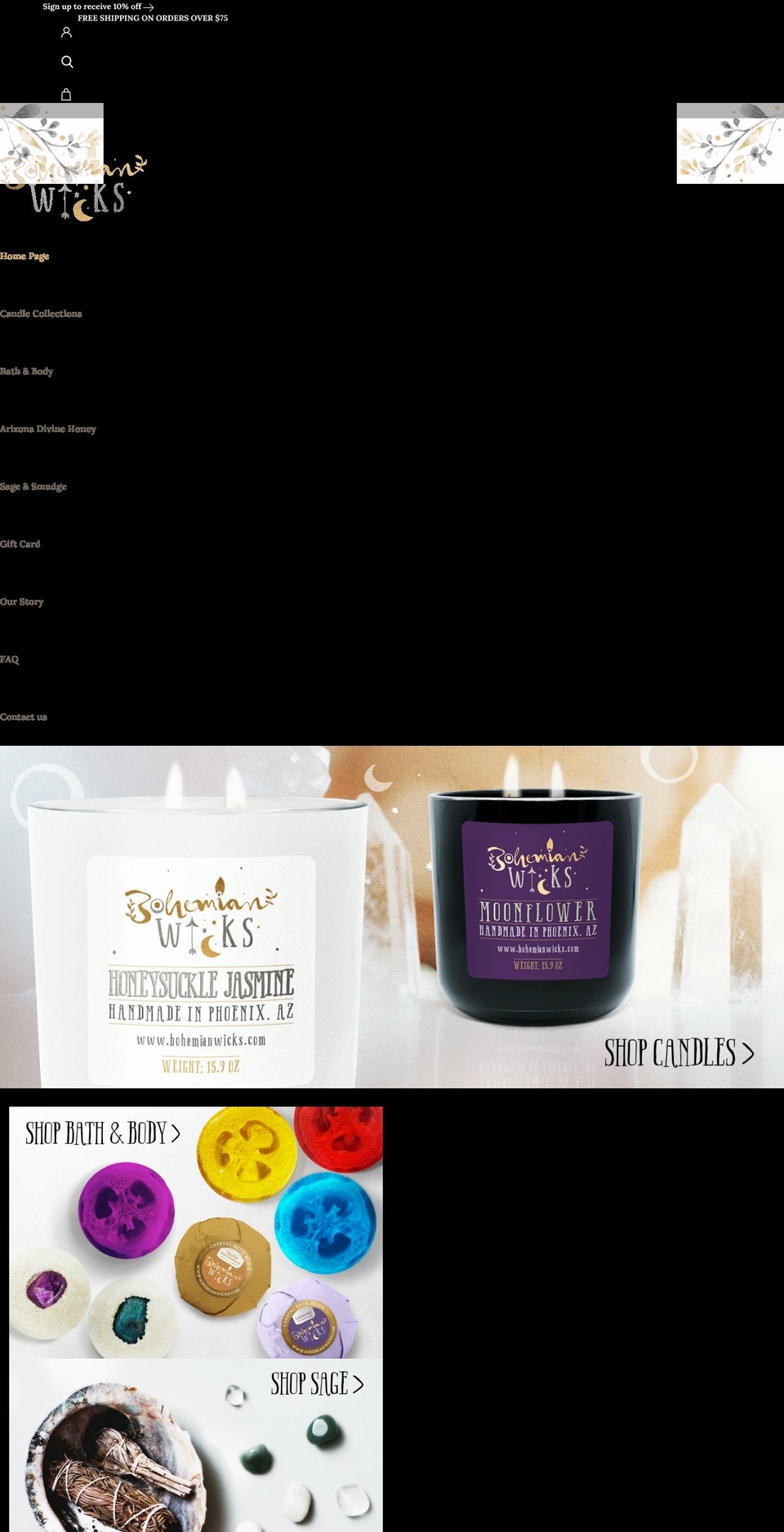 bohemianwicks.com shopify website screenshot
