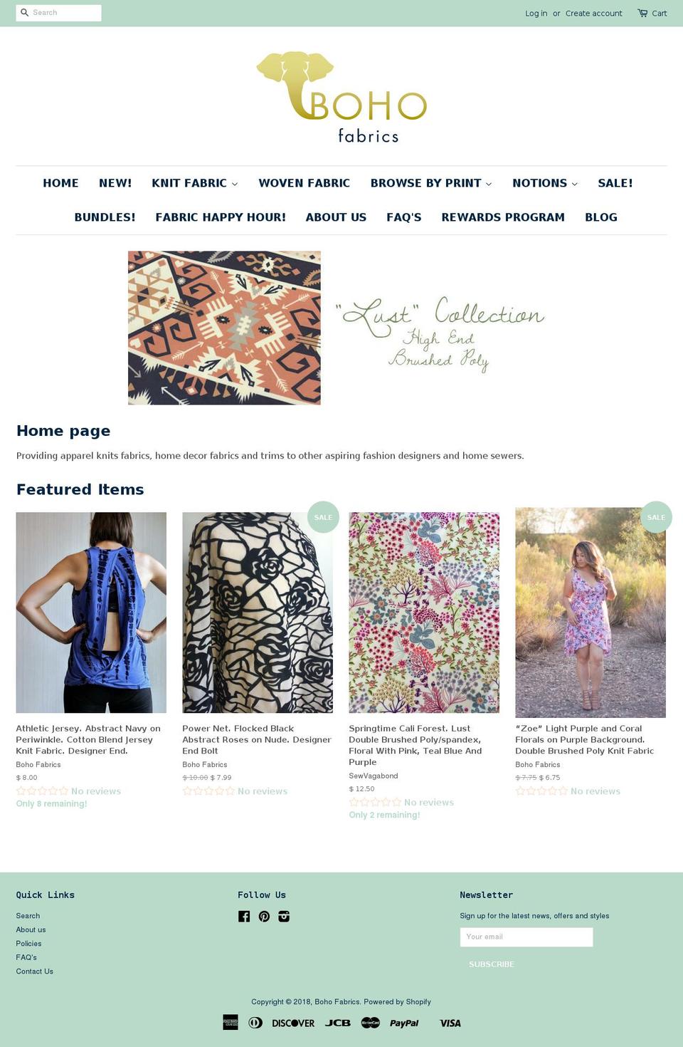 bohofabrics.com shopify website screenshot