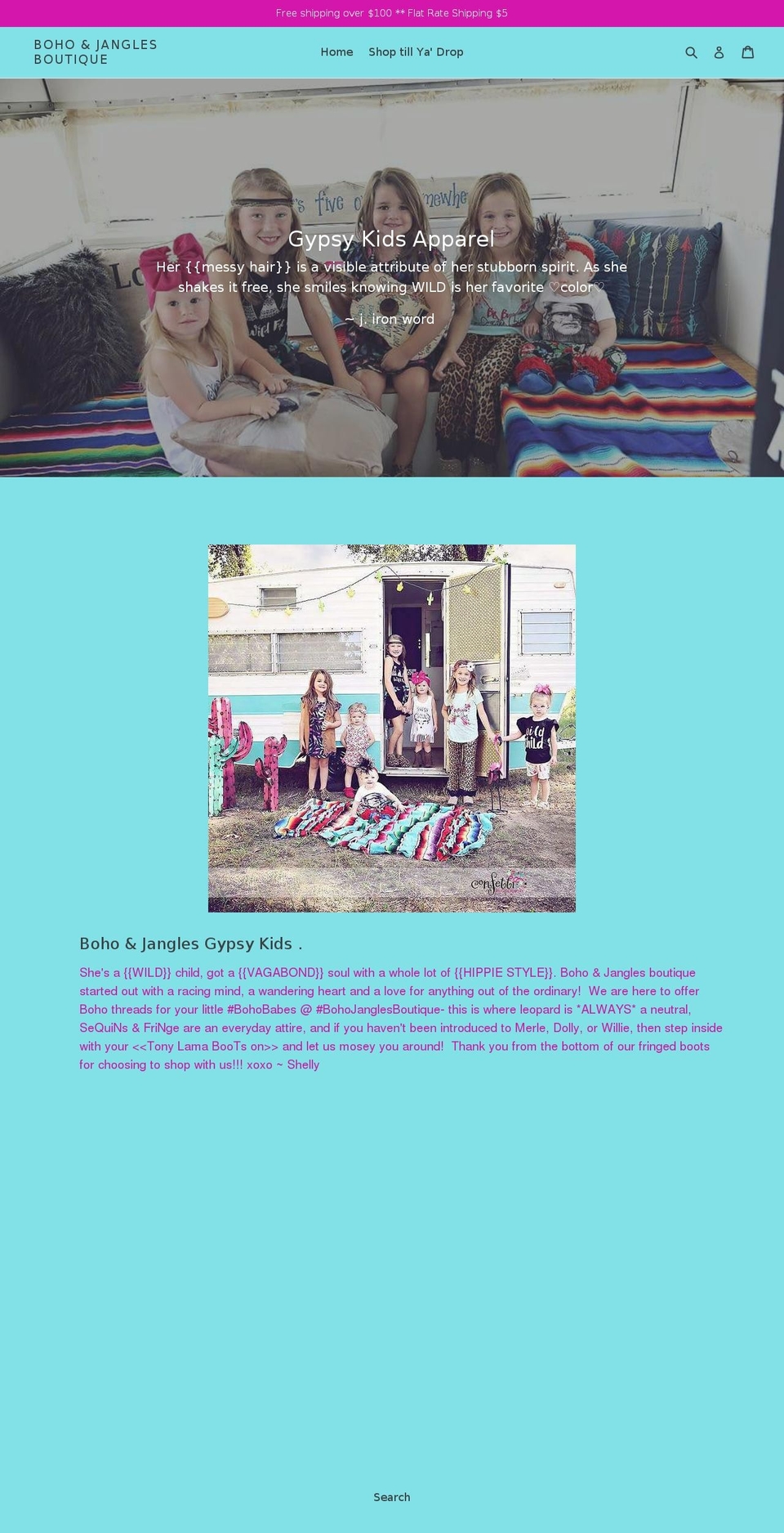 bohojanglesboutique.com — Shopify storefront screenshot