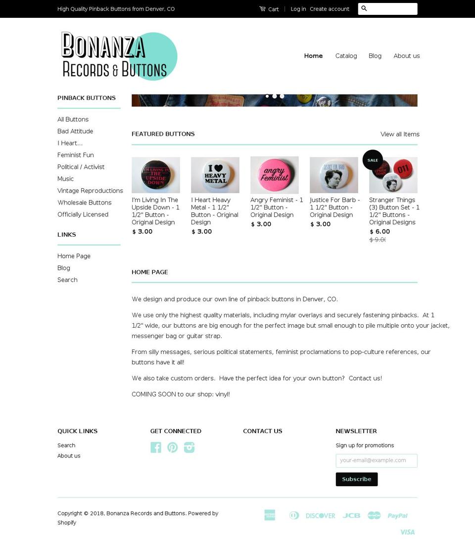 bonanzarecordsandbuttons.com — Shopify storefront screenshot