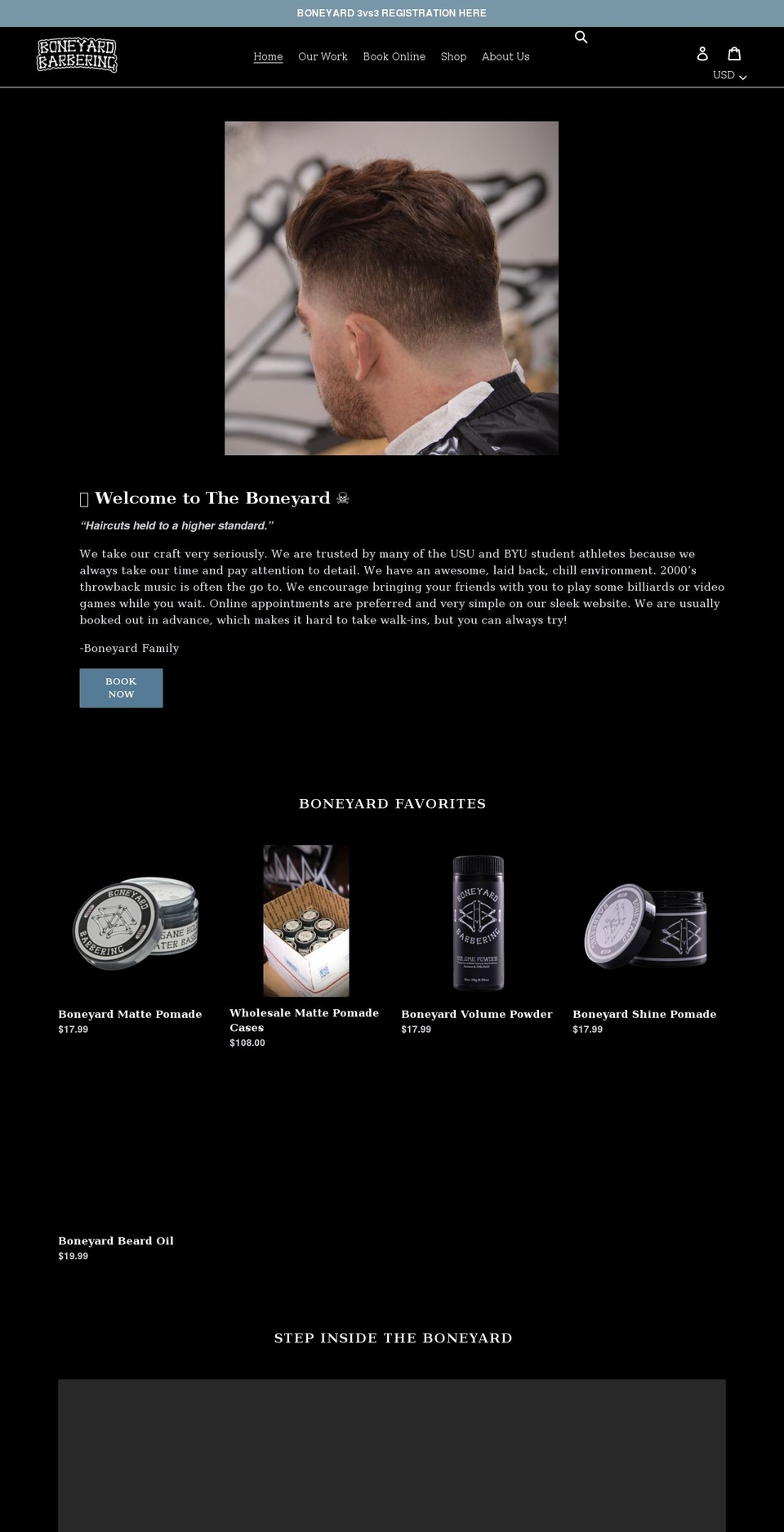 Draft Shopify theme site example boneyardbarbering.com