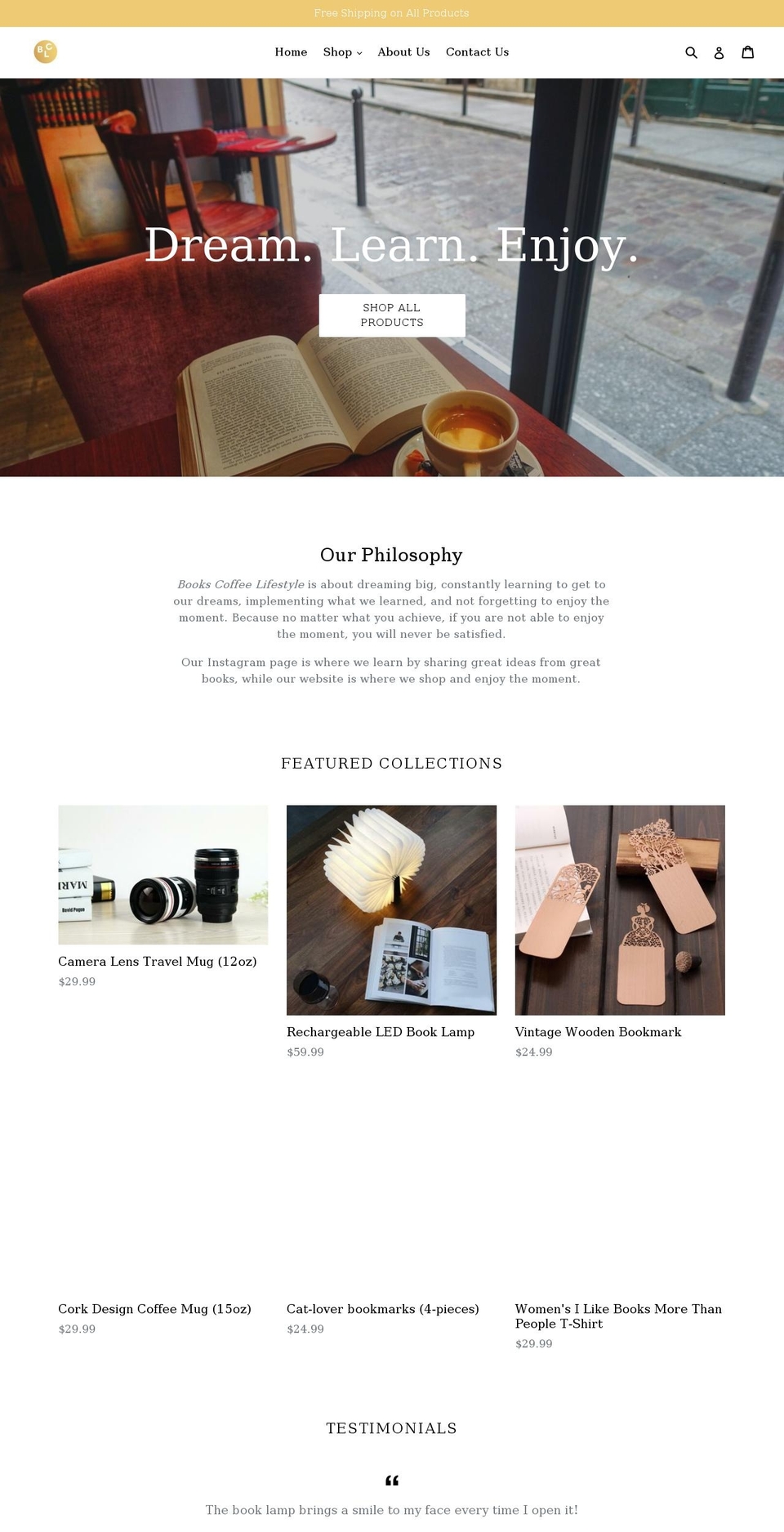bookscoffeelifestyle.com — Shopify storefront screenshot