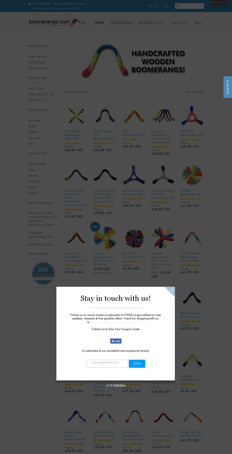 Ready to Ship Shopify theme site example boomerangsforsale.com