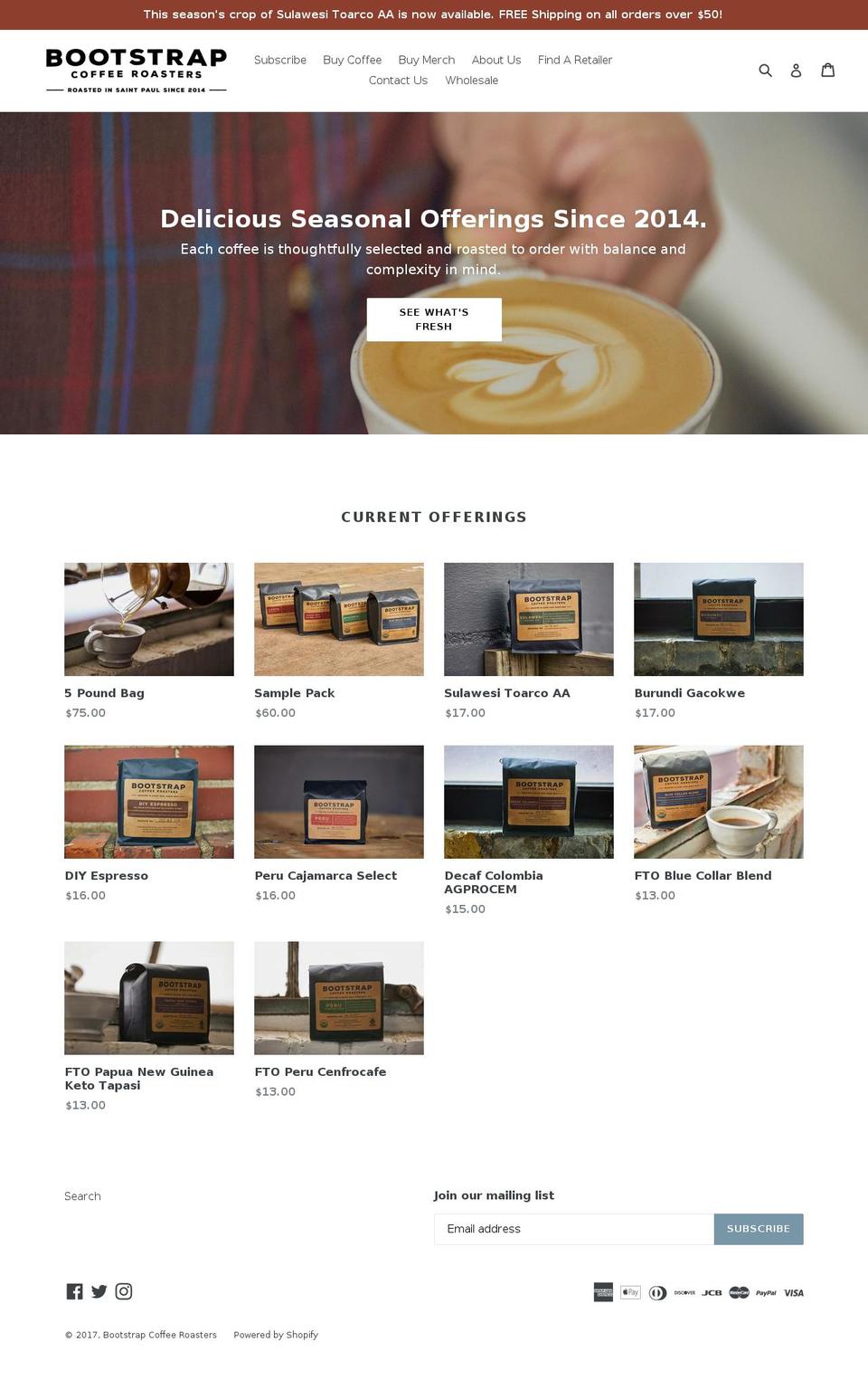 bootstrapcoffeeroasters.com shopify website screenshot