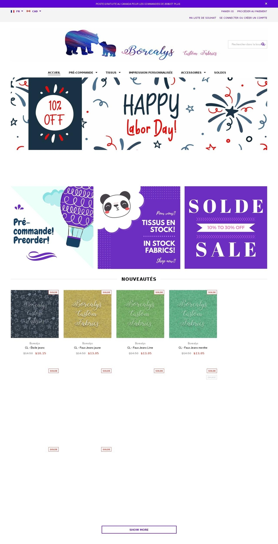 borealysfabrics.com — Shopify storefront screenshot