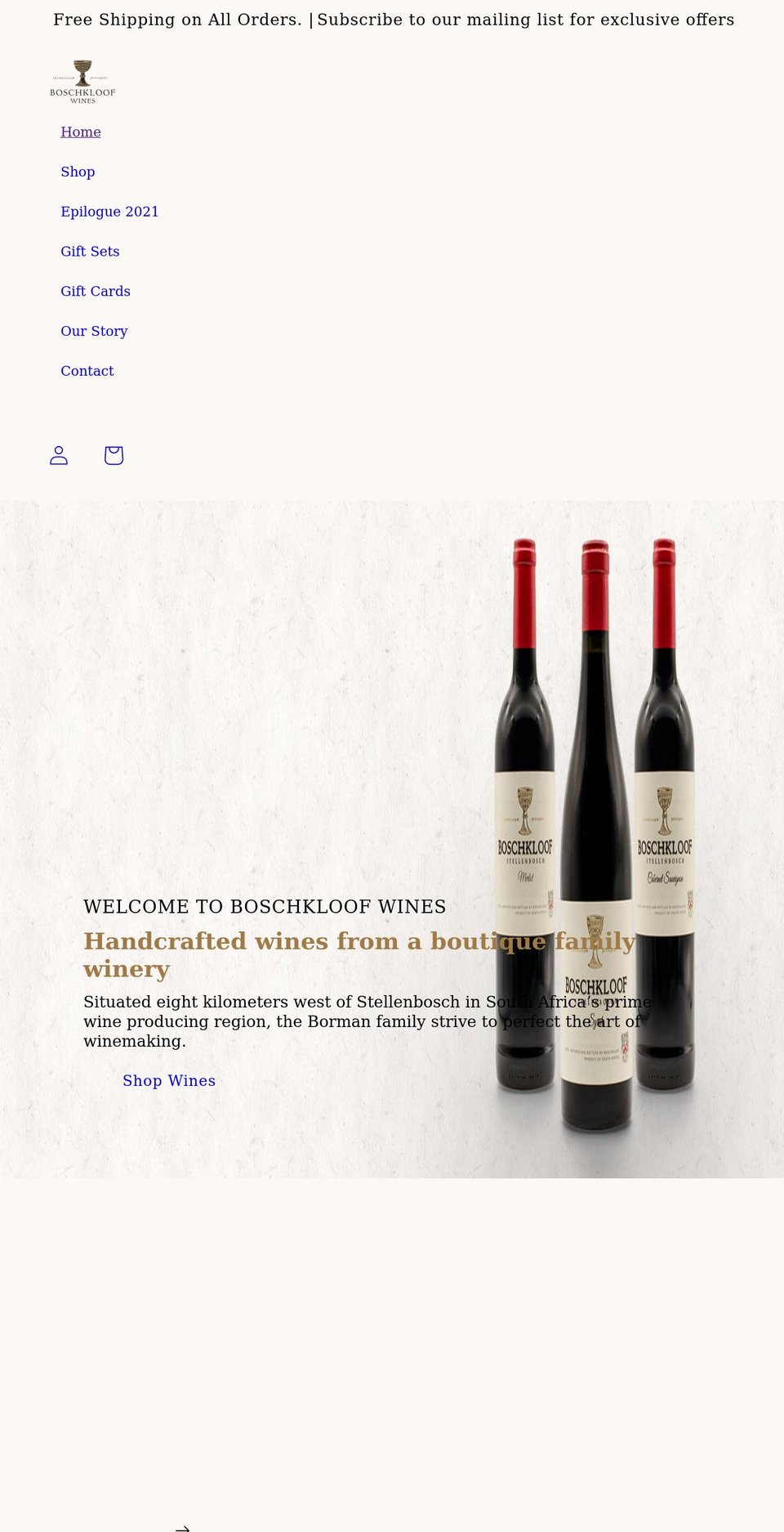 boschkloofwines.com shopify website screenshot