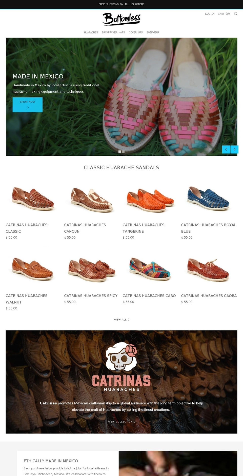 bottomlesshuaraches.com — Shopify storefront screenshot