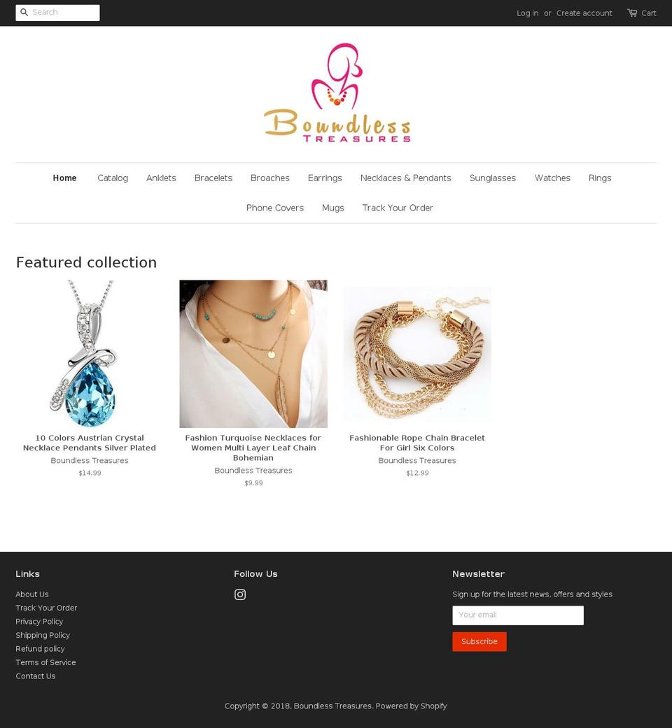 boundlesstreasures.net shopify website screenshot