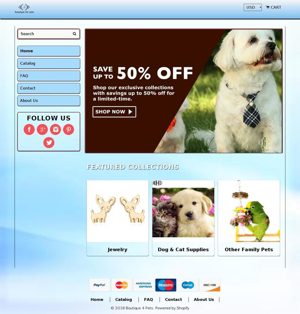 Animals Shopify theme site example boutique4pets.com