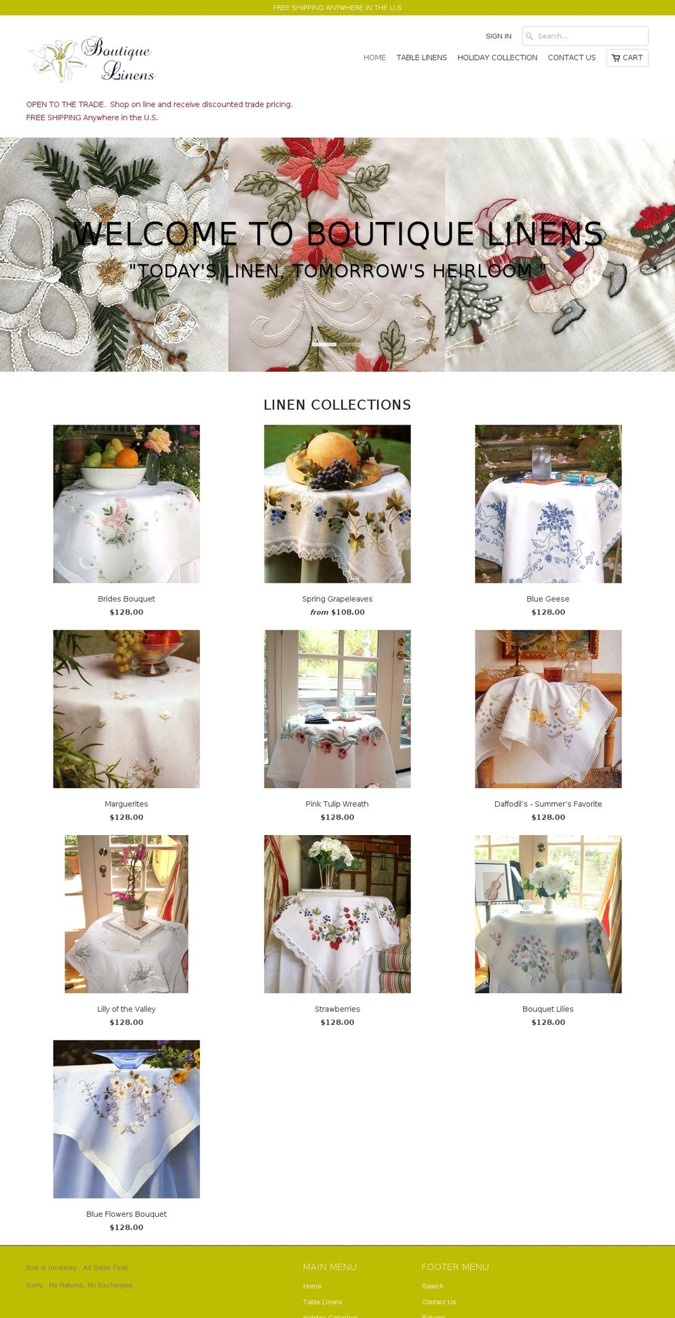boutiquelinens.com — Shopify storefront screenshot