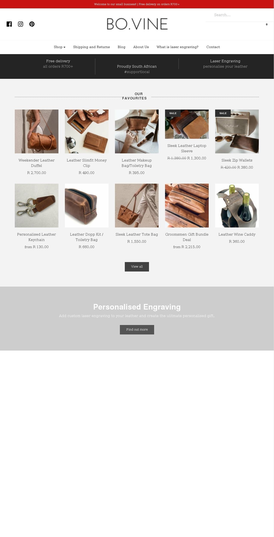 bovineleather.co.za shopify website screenshot