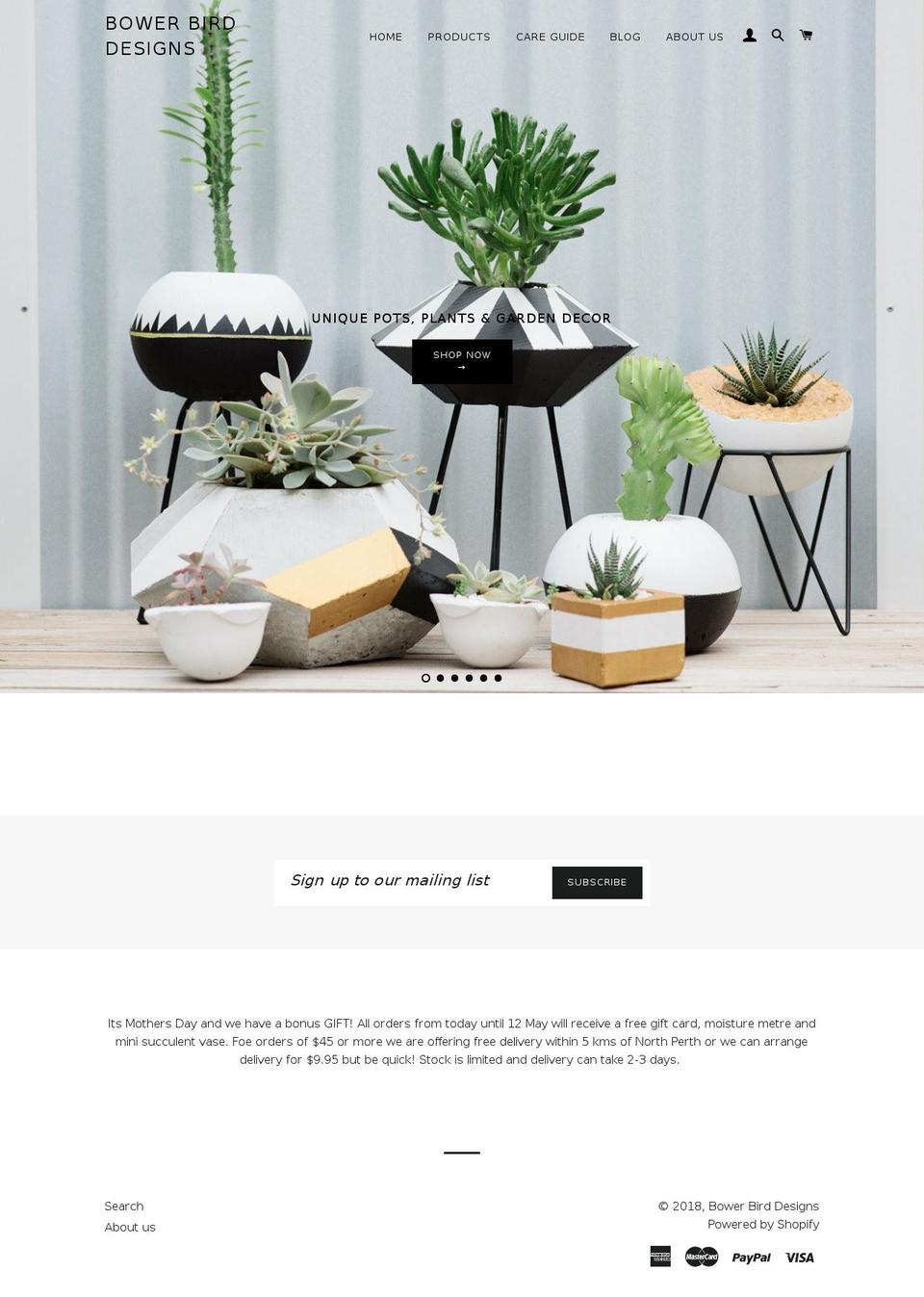 bowerbirddesigns.net shopify website screenshot