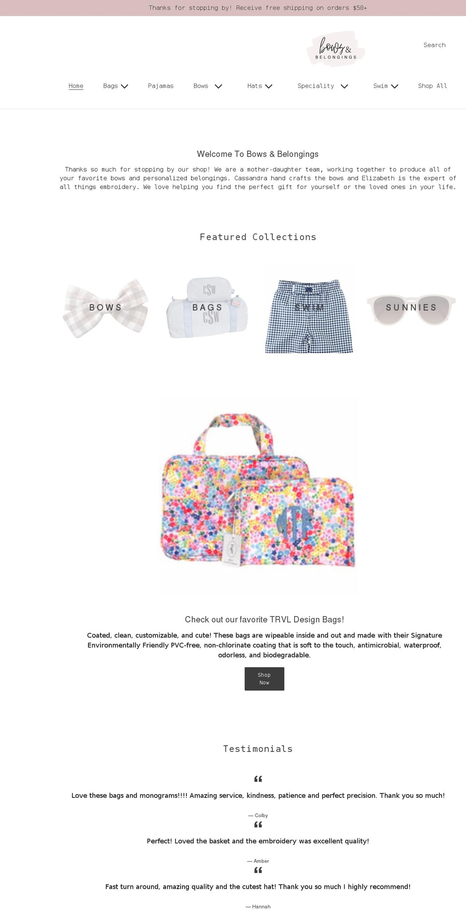 bowsandbelongings.com shopify website screenshot