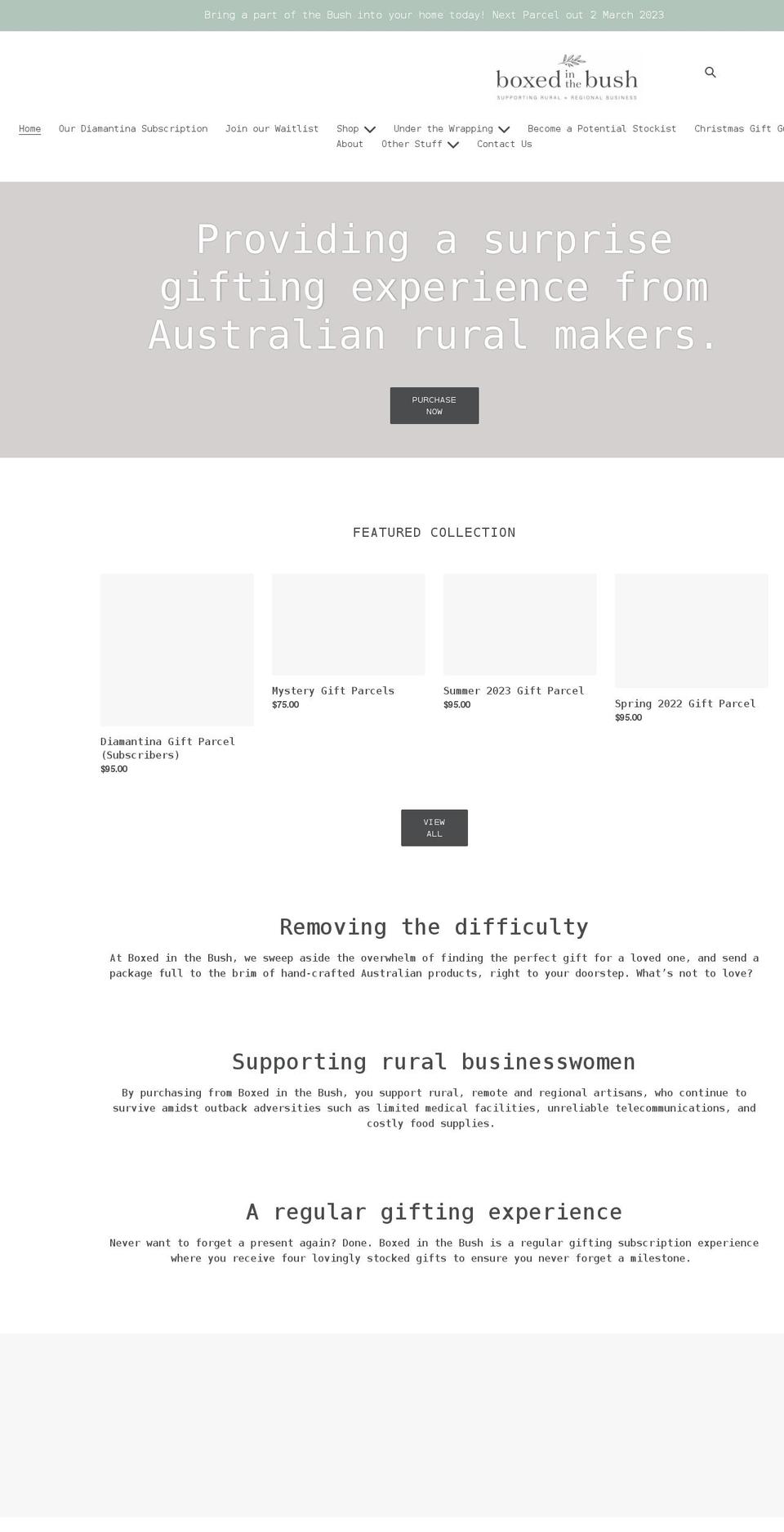 boxedinthebush.com shopify website screenshot