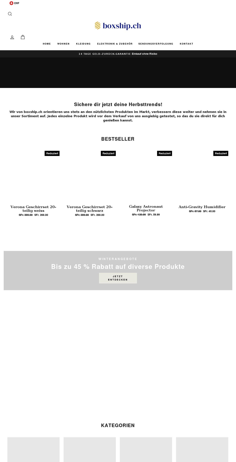 Theme Leandro Shopify theme site example boxship.ch