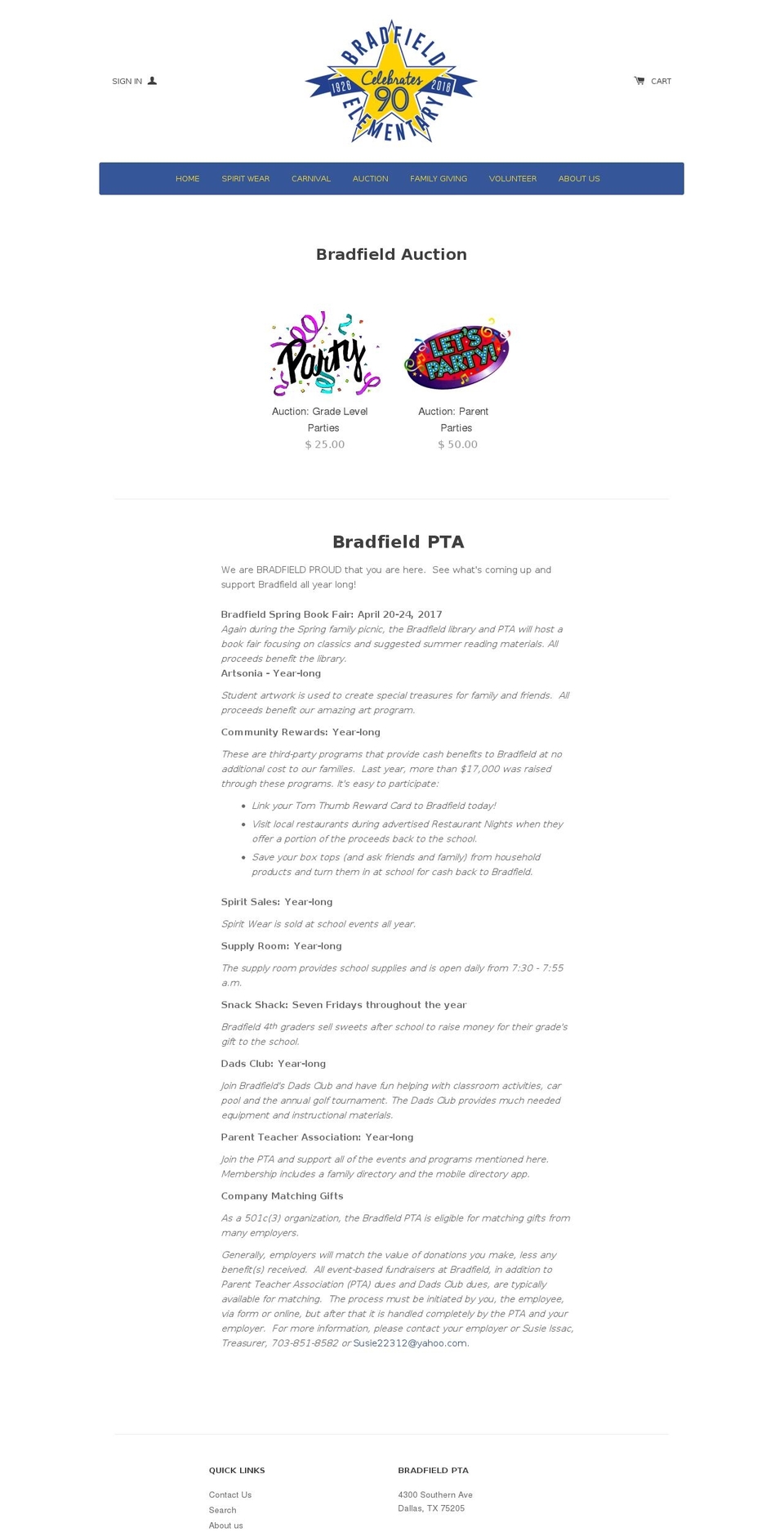 bradfieldpta.org shopify website screenshot