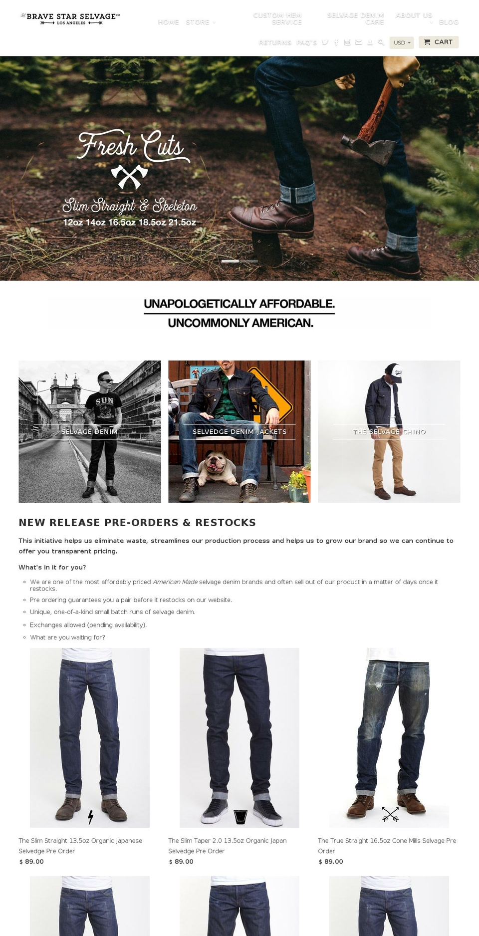 bravestarselvedge.com shopify website screenshot