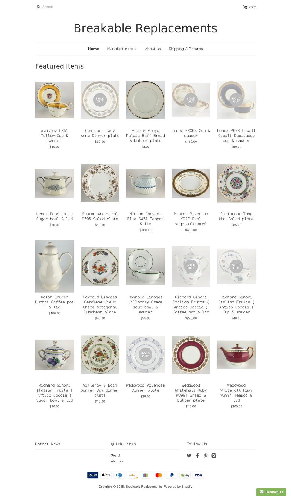 breakablereplacements.com — Shopify storefront screenshot