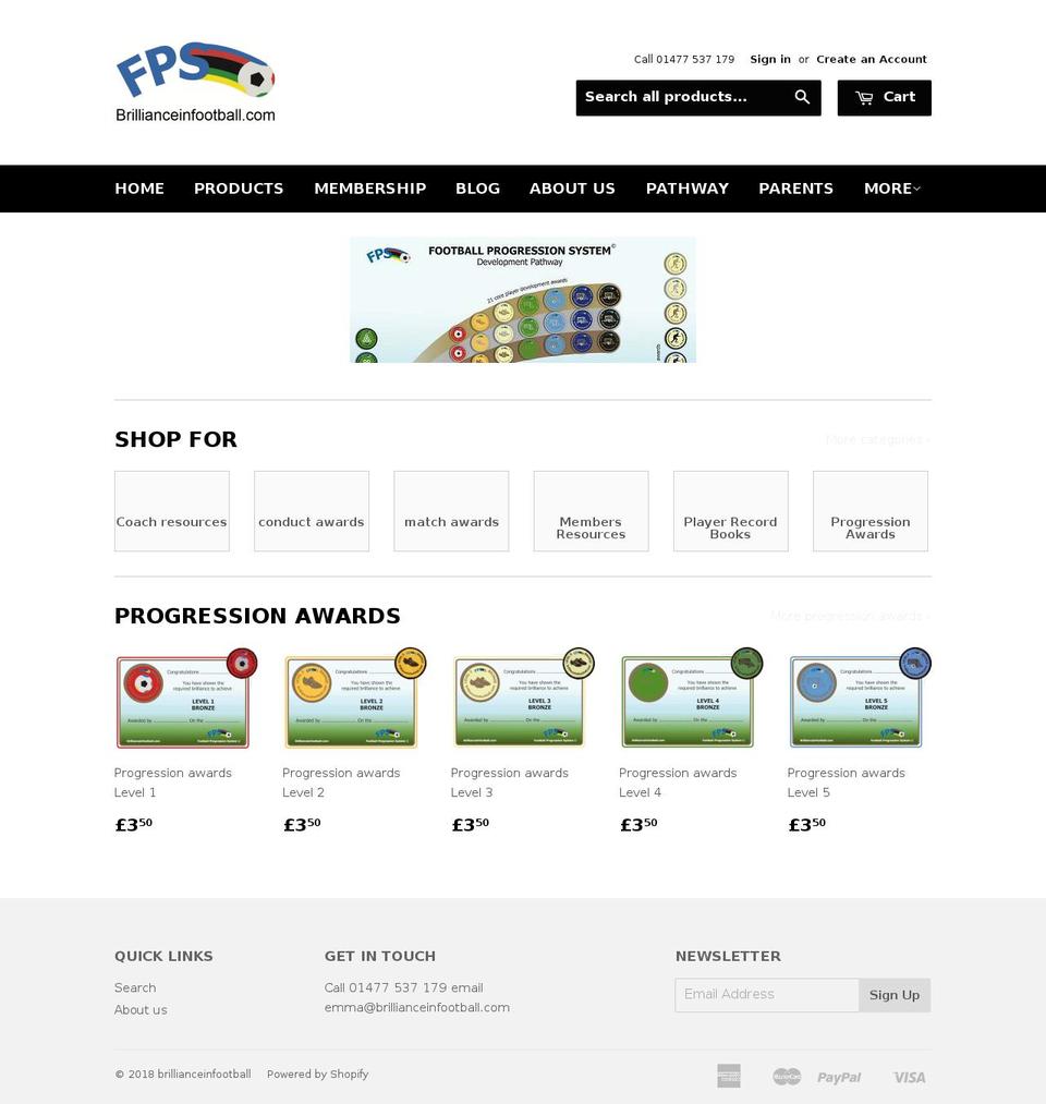 brillianceinfootball.com — Shopify storefront screenshot