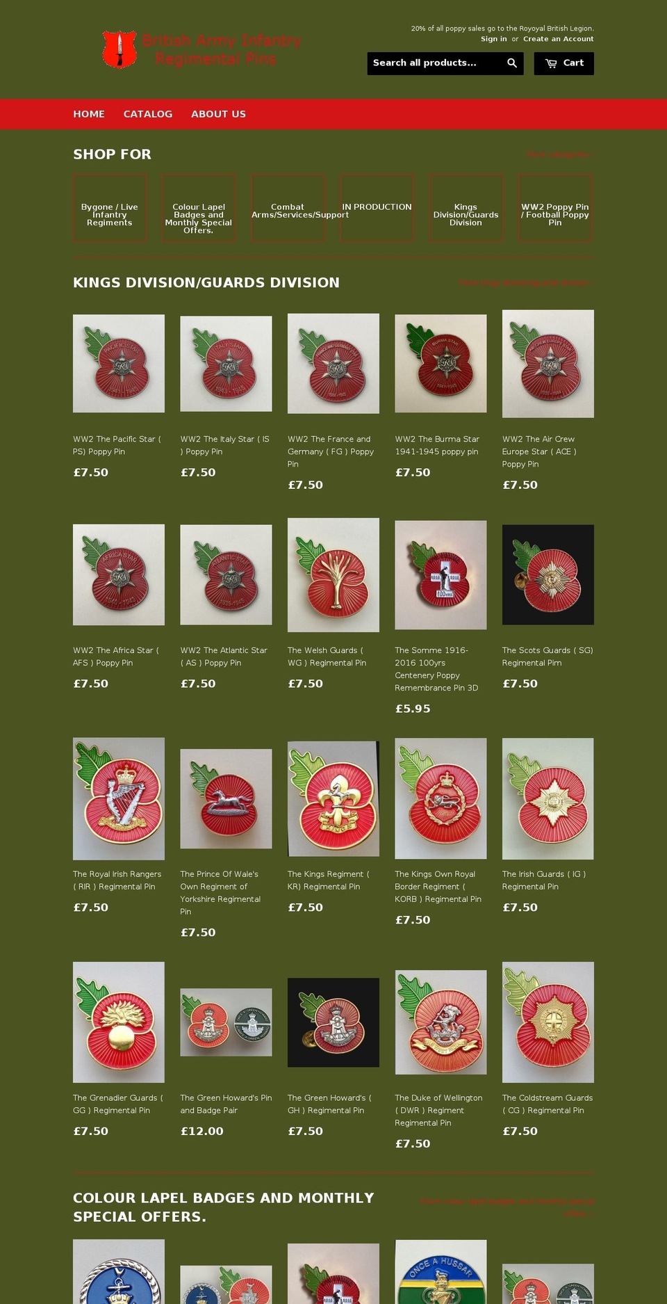 britisharmyregimentalpin-badge.com shopify website screenshot