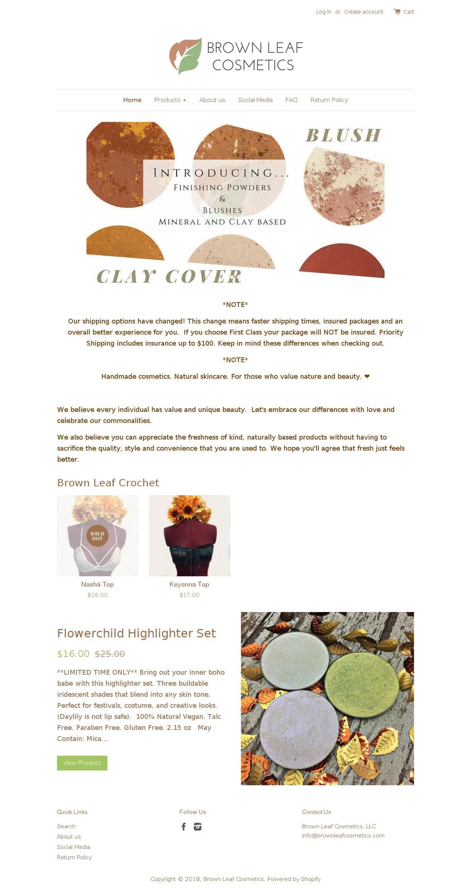 brownleafcosmetics.com shopify website screenshot