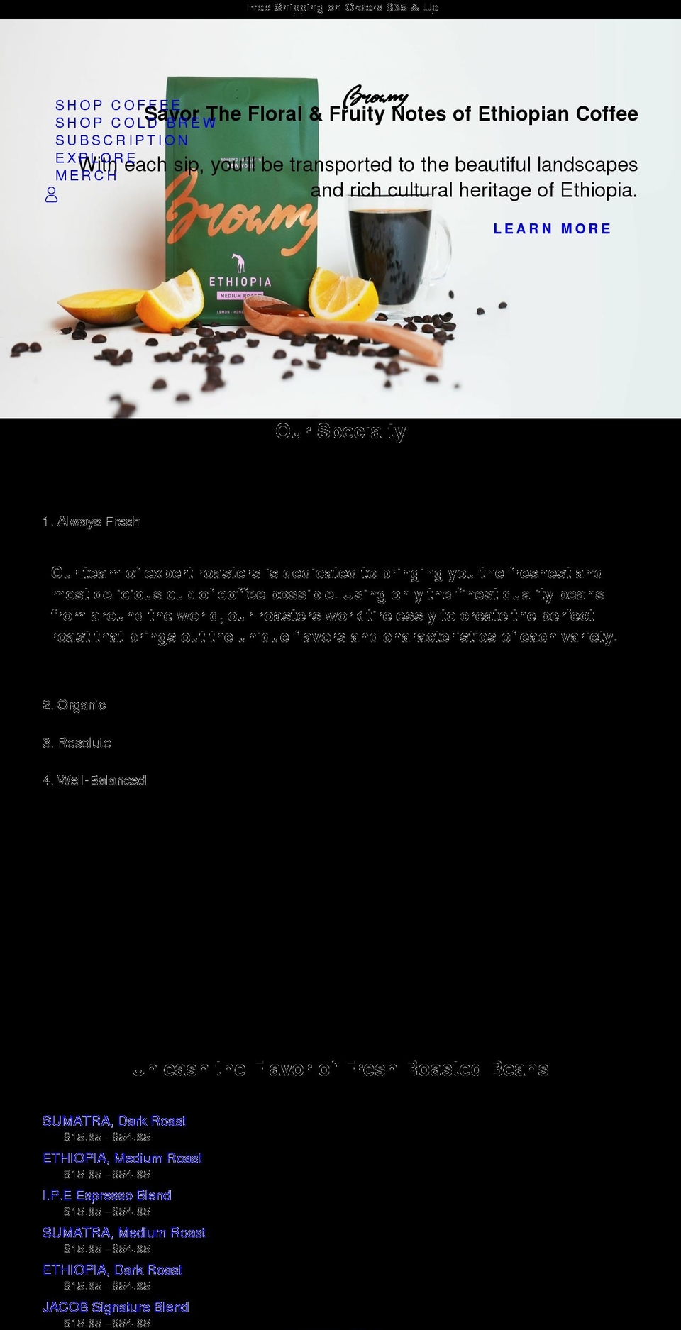 brownycoffee.com shopify website screenshot