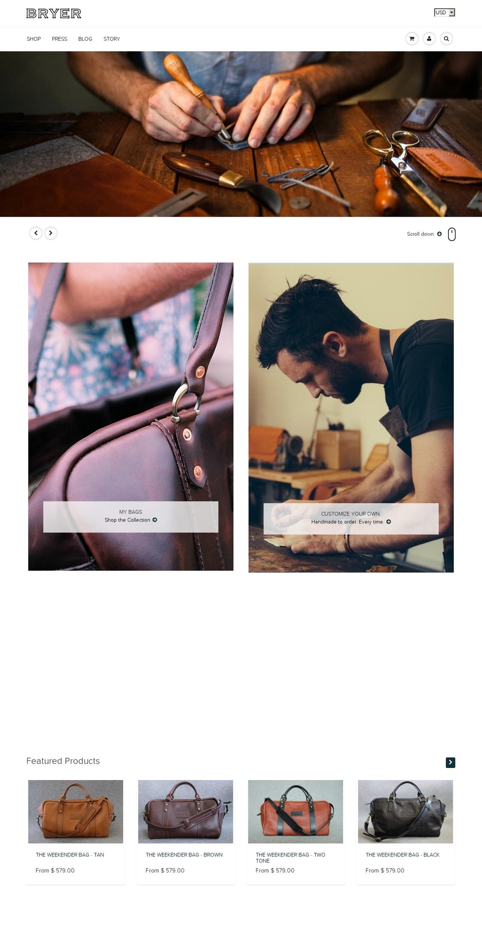 bryerleather.com shopify website screenshot