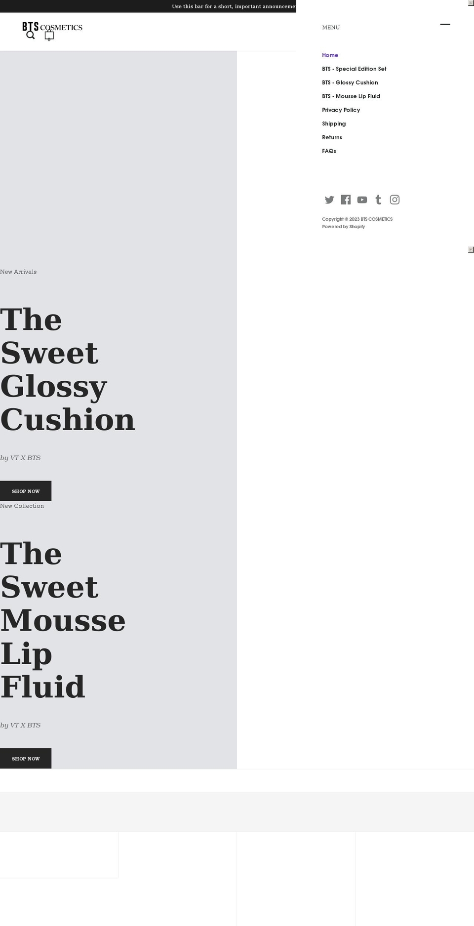 btscosmetics.com shopify website screenshot