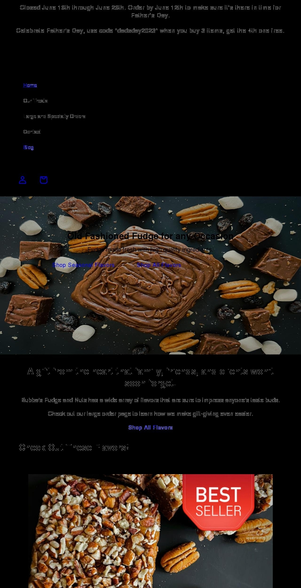 bubbasfudgeandnuts.com shopify website screenshot
