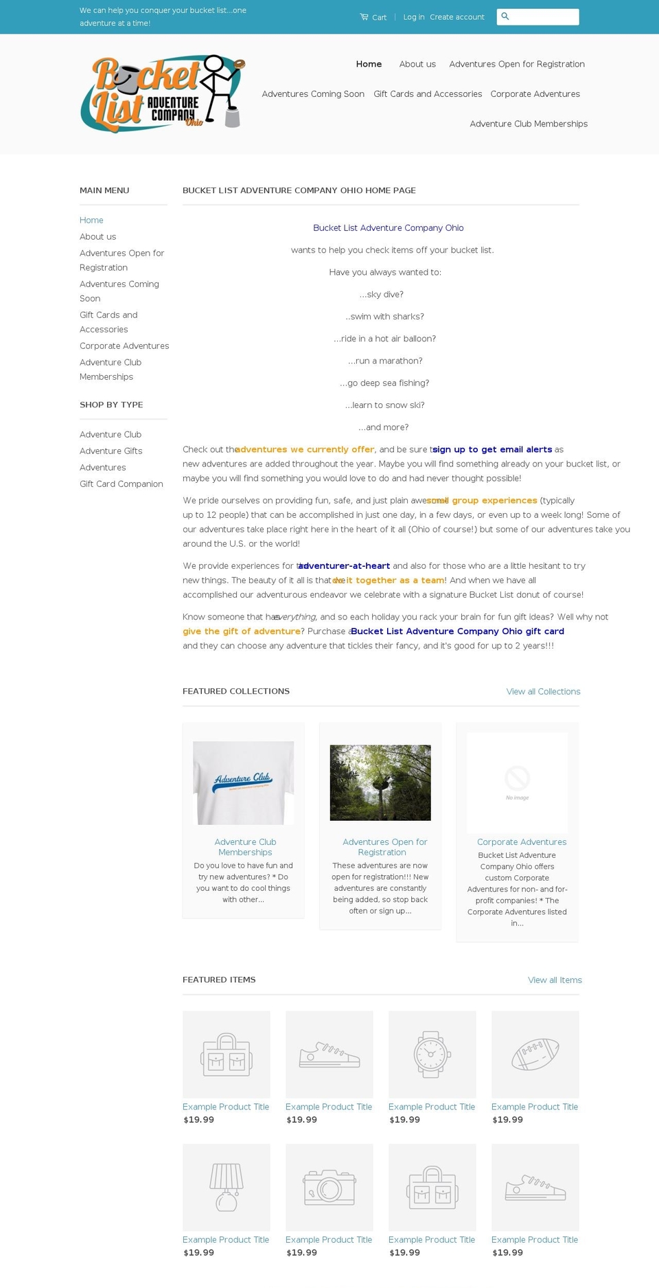 bucketlistadventurecompanyohio.com shopify website screenshot