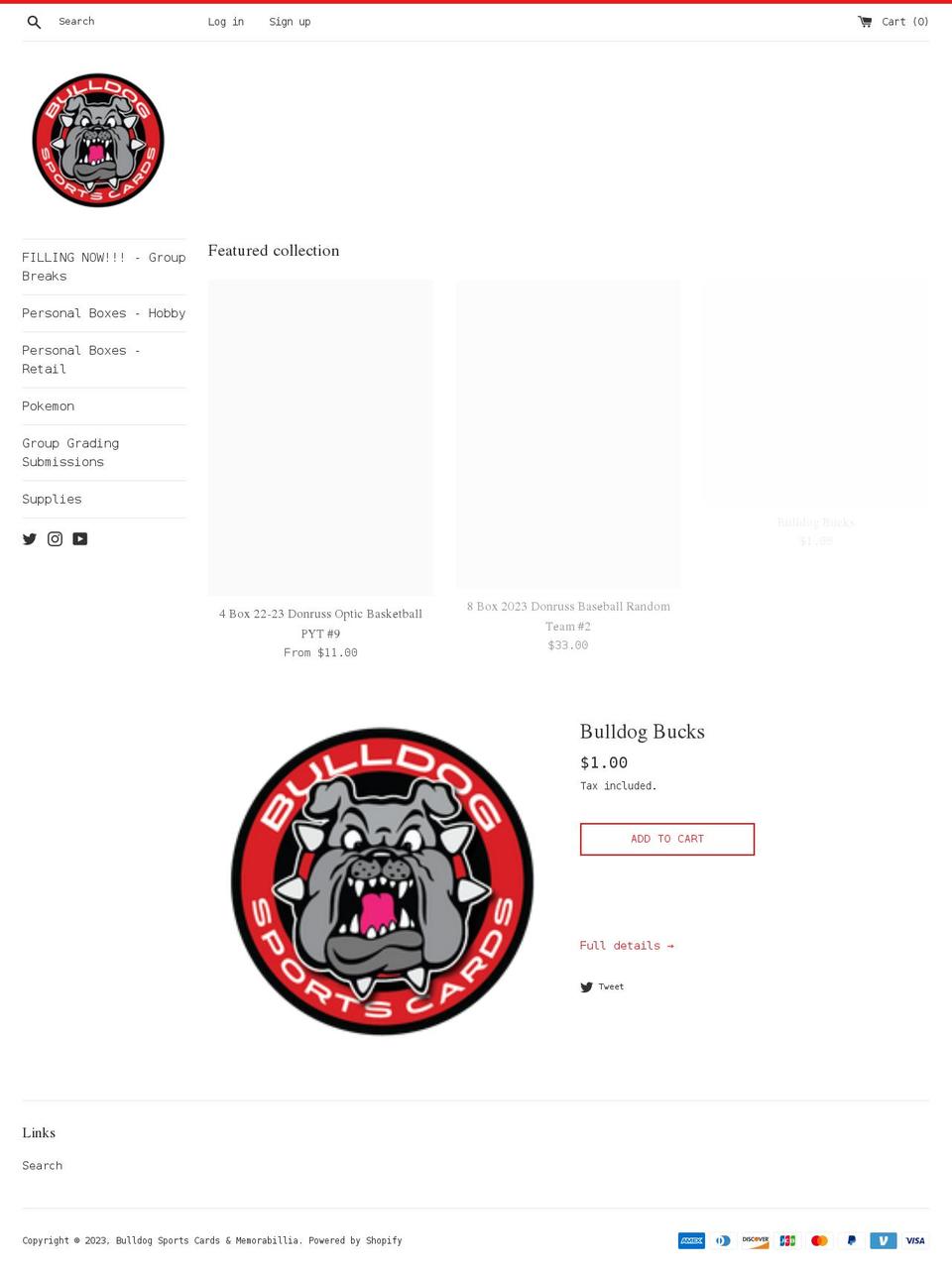 bulldogsportscards.com shopify website screenshot