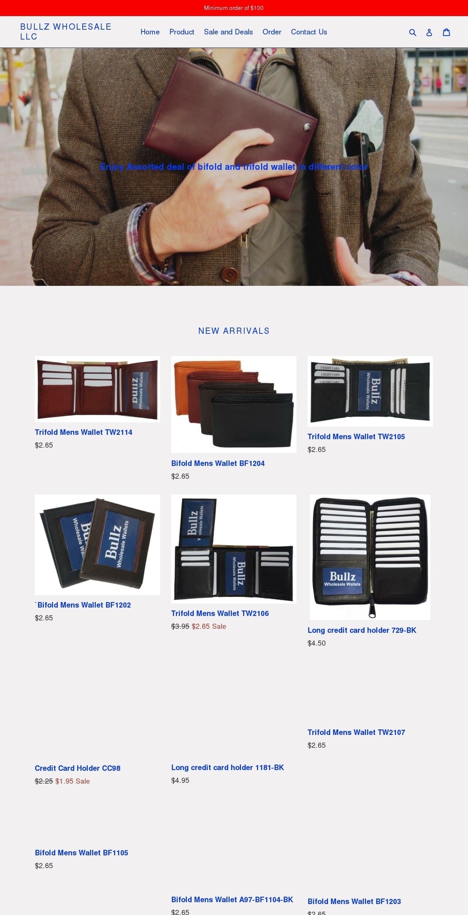 bullzwholesalewallets.com shopify website screenshot