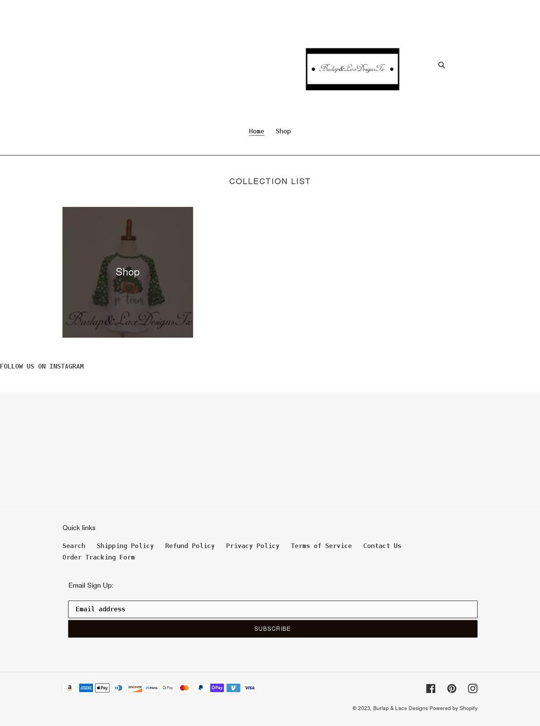burlapandlacedesigns.com shopify website screenshot