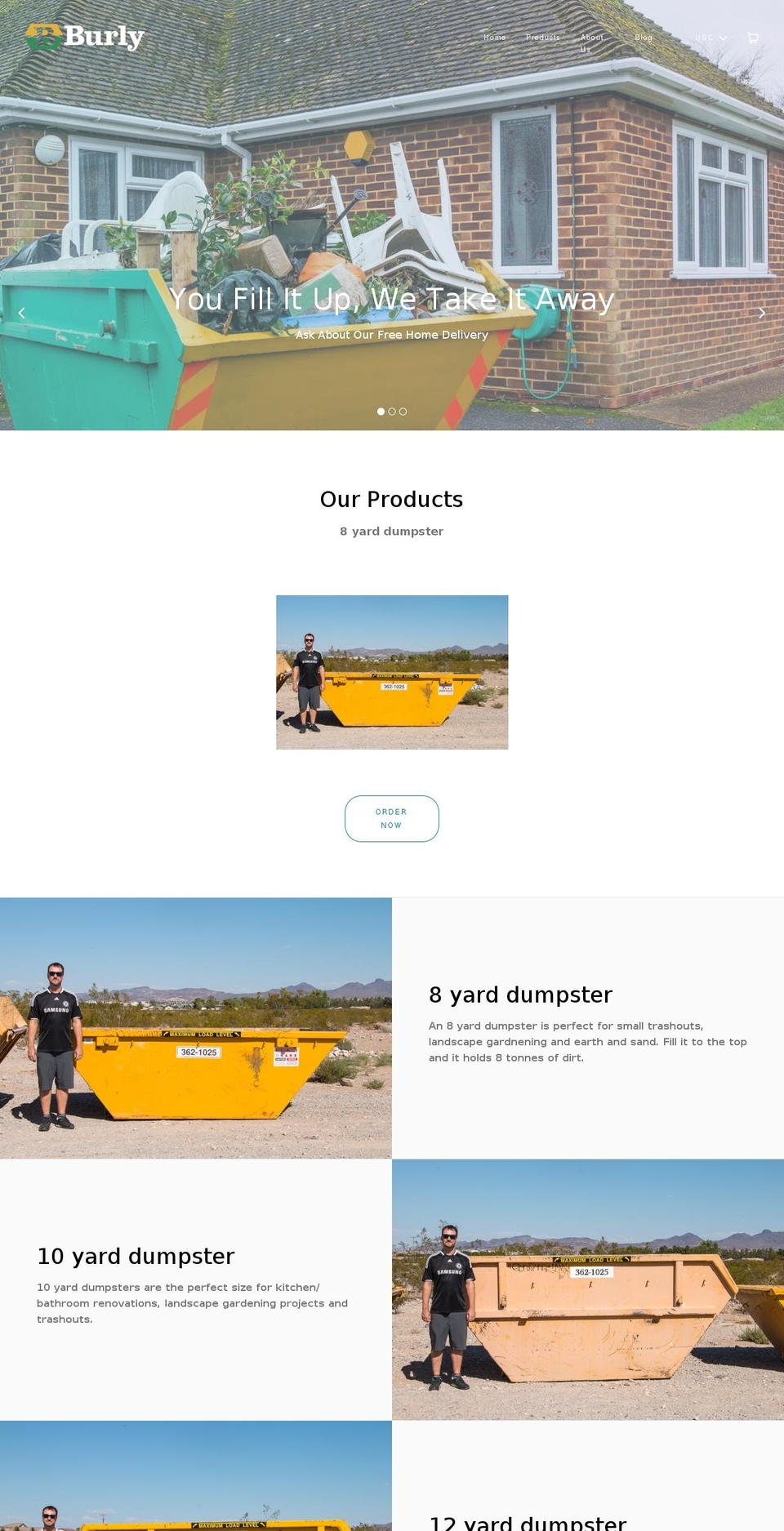 burlydumpsters.com — Shopify storefront screenshot